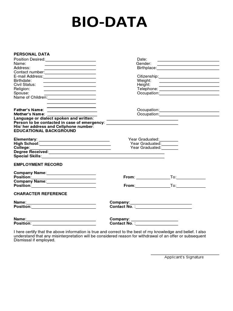 Comprehensive Bio-Data Template | PDF