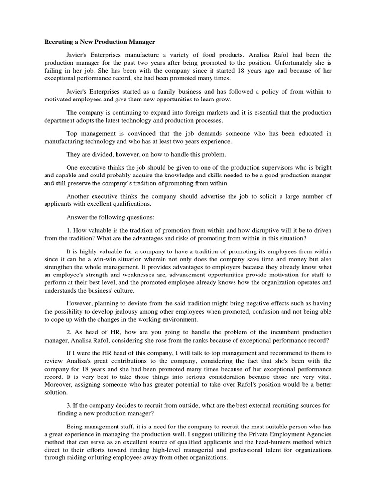Recruting A New Production Manager | PDF | Employment | Motivation