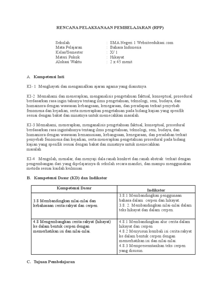 Rpp B Indo Kelas 10 Rev 2018 3 8 Dan 4 8 Teks Hikayat