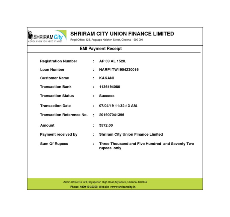 Shriram City Union Finance Limited EMI Payment Receipt PDF
