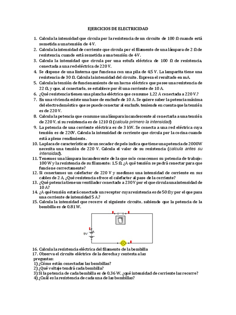 Ejercicios de Electricidad | PDF | Corriente eléctrica | Resistencia ...
