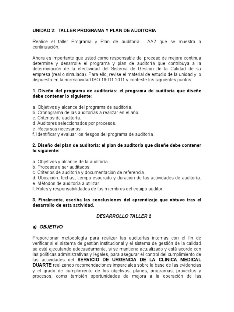 Taller y Plan de Auditoria Aa2 | PDF | Auditoría | Planificación