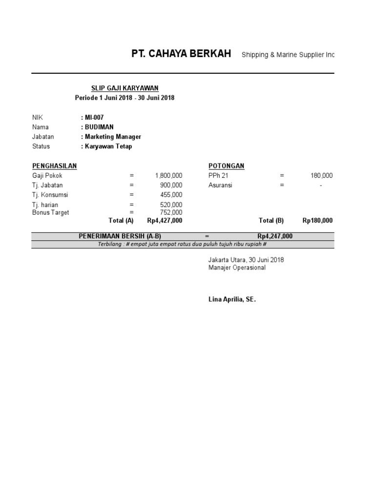 Contoh Slip Gaji Pt Cahaya Berkah