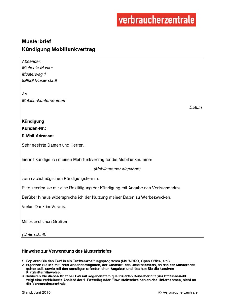 Musterbrief Kundigung Des Mobilfunkvertrages