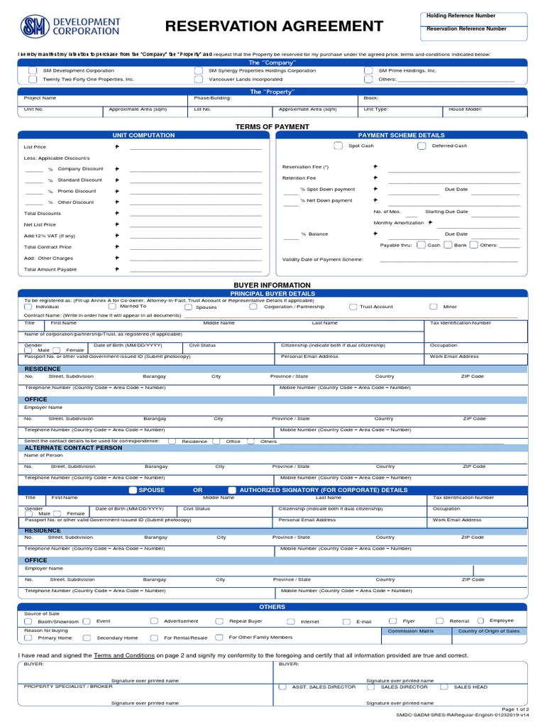 SMDC Reservation Agreement Template | PDF | Payments | Identity Document