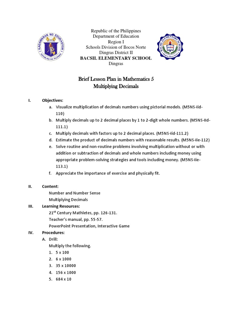 5th Grade Decimal Multiplication Plan | PDF | Multiplication | Teaching ...