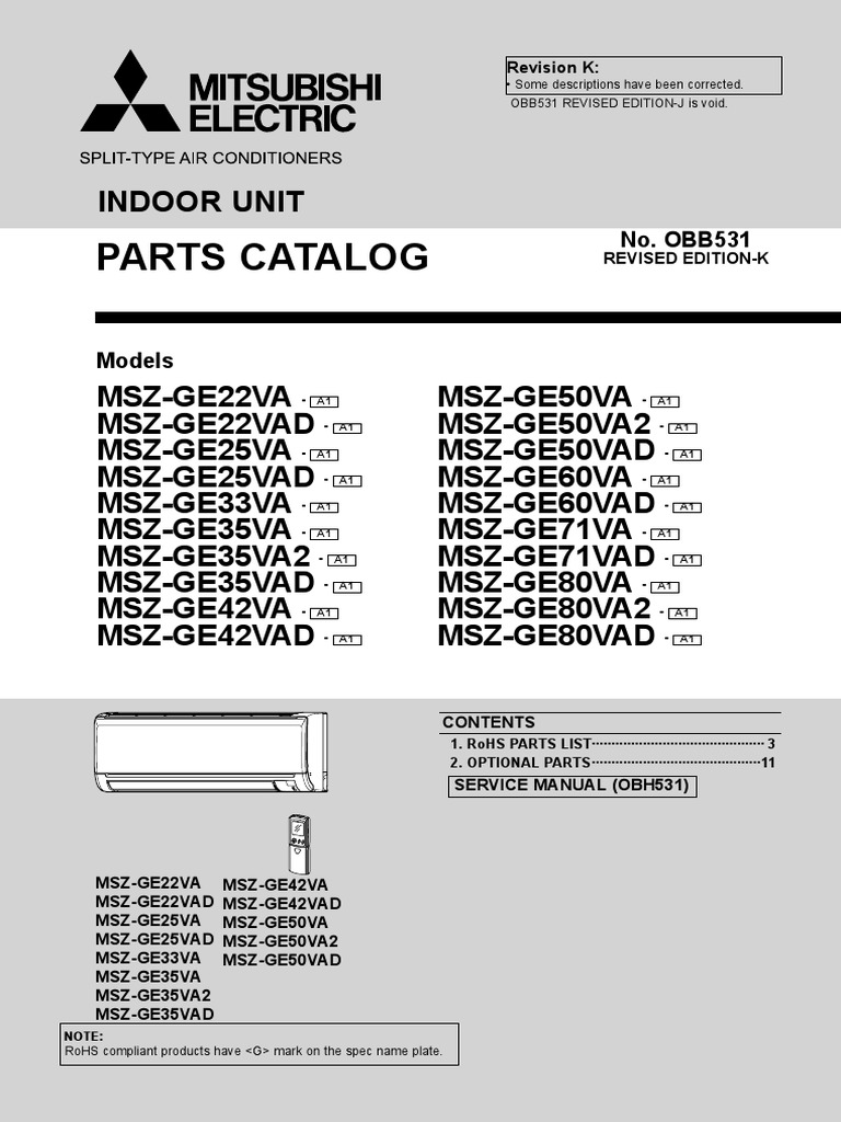 Mitsubishi Electric Heat Pump Parts Indoor MSZGE.PDF Manufactured