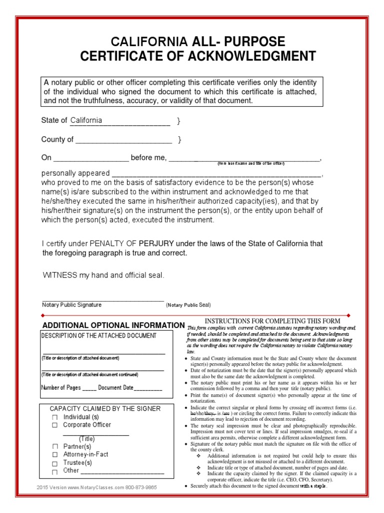 AllPurpose Notary Acknowledgment Form Notary Public Signature