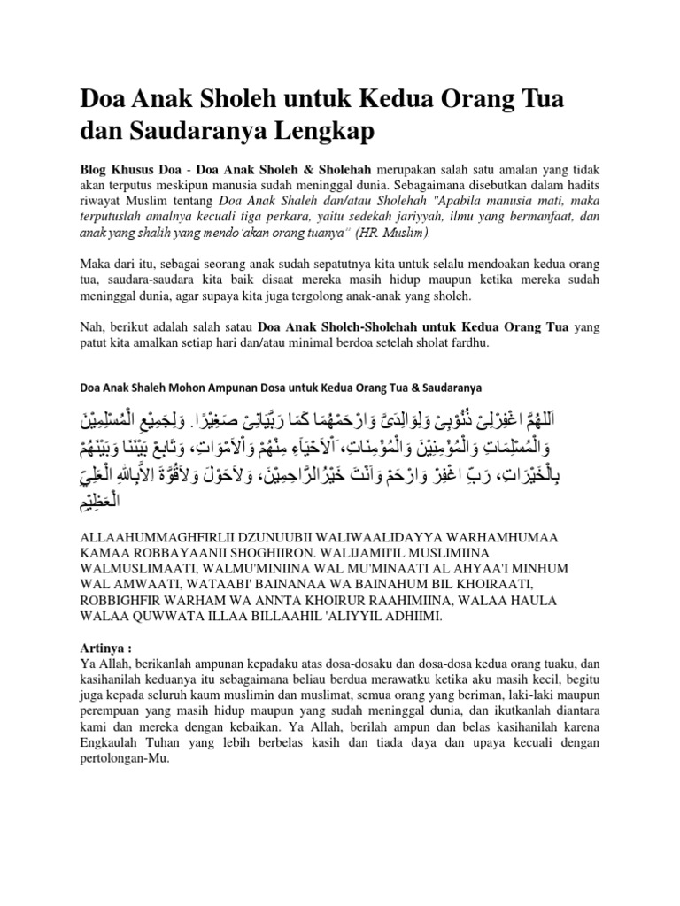 Doa Anak Sholeh Untuk Kedua Orang Tua Dan Saudaranya
