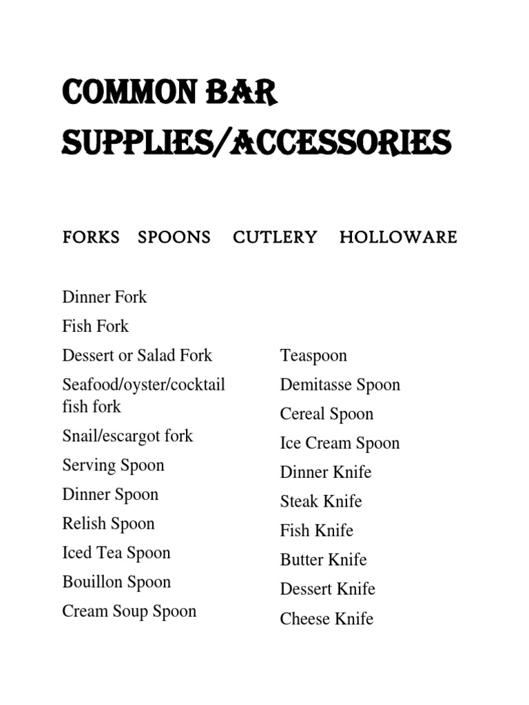 Common Bar Supplies PDF