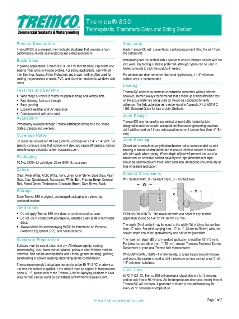 Tremco® 830 Thermoplastic, Elastomeric Glass and Siding Sealant PDF