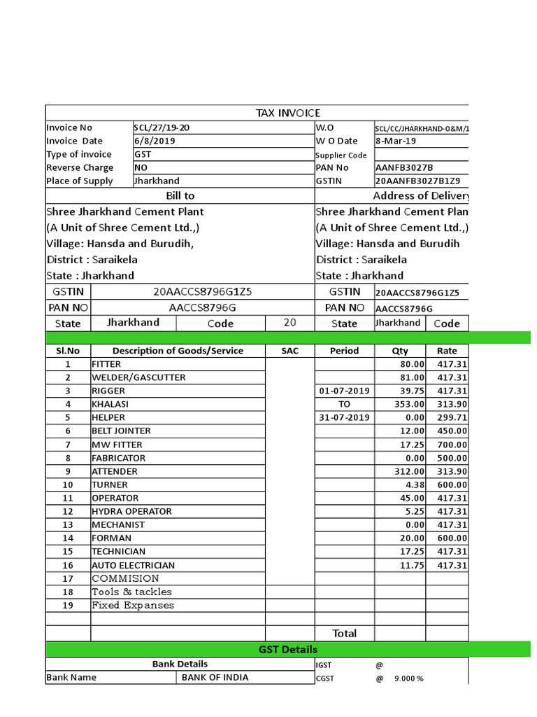 SL - No Description of Goods/Service SAC Period Qty Rate: GST Details ...