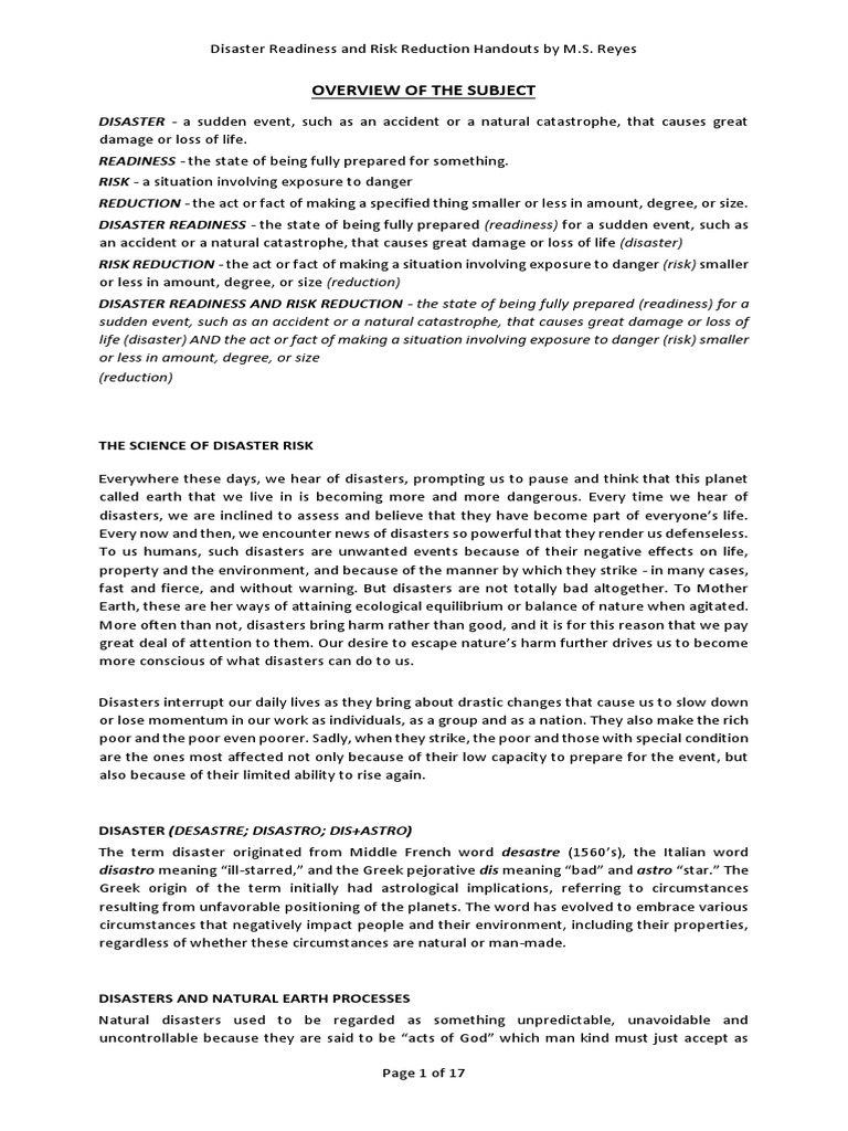 Handouts in DRRR | PDF | Hazards | Natural Disasters