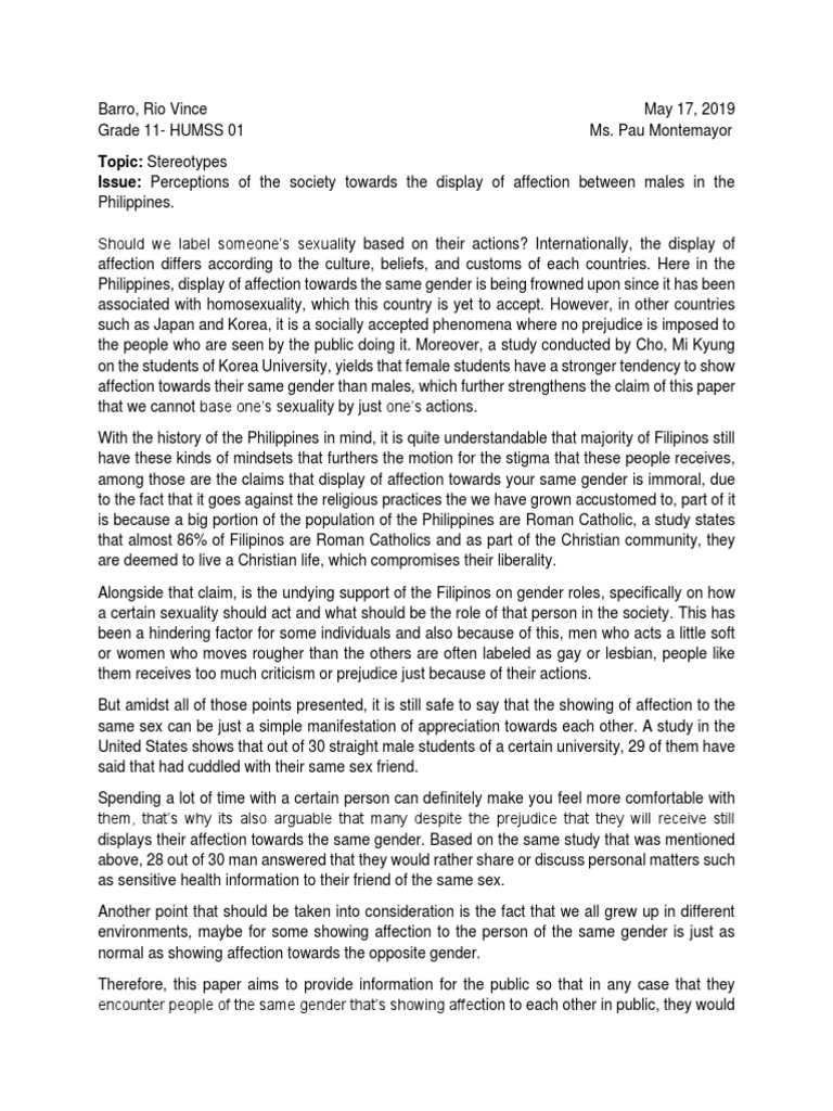 Display of Affection: Perception of Filipinos | PDF | Gender | Gender ...