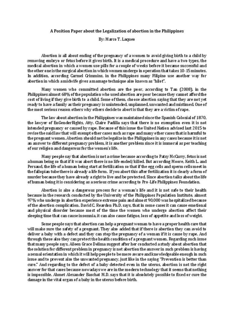 A Position Paper About The Legalization of Abortion in The Philippines ...