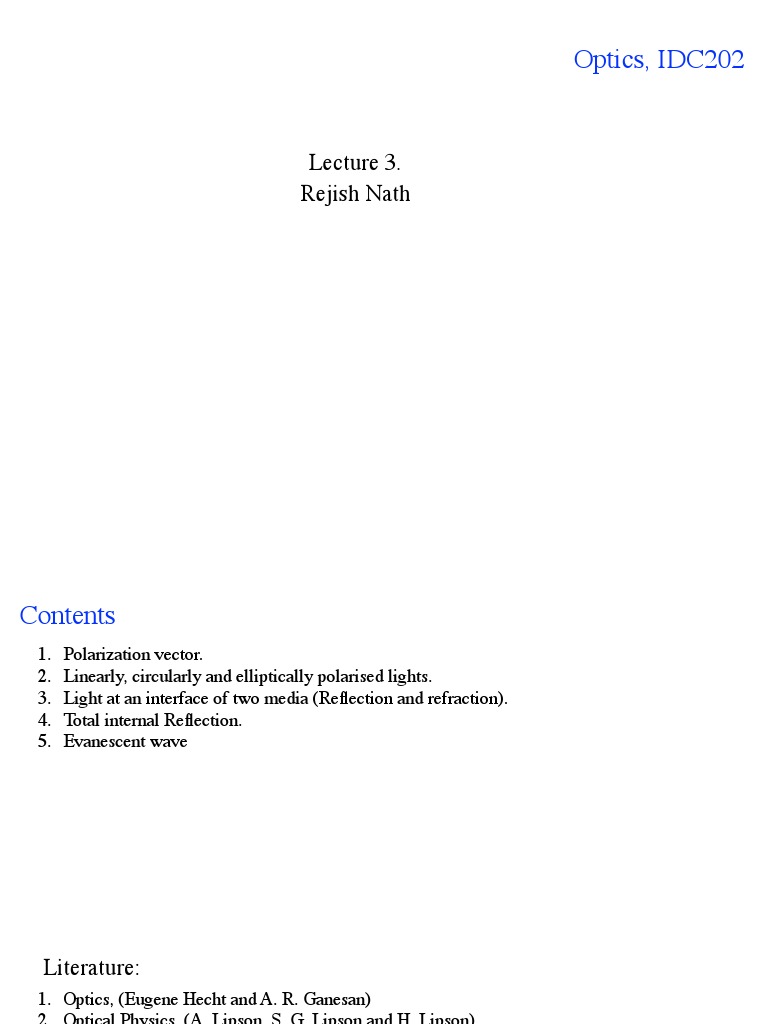 Optics, IDC202: Rejish Nath | PDF | Polarization (Waves) | Reflection ...