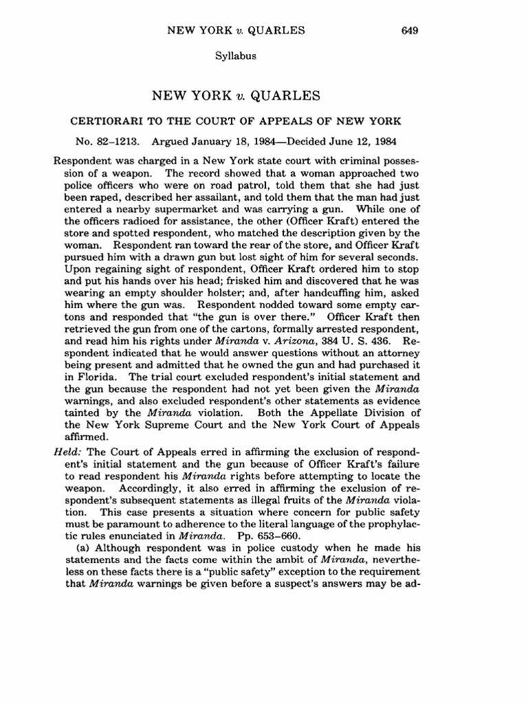 New York v. Quarles, 467 U.S. 649 (1984) Public Safety Exception PDF
