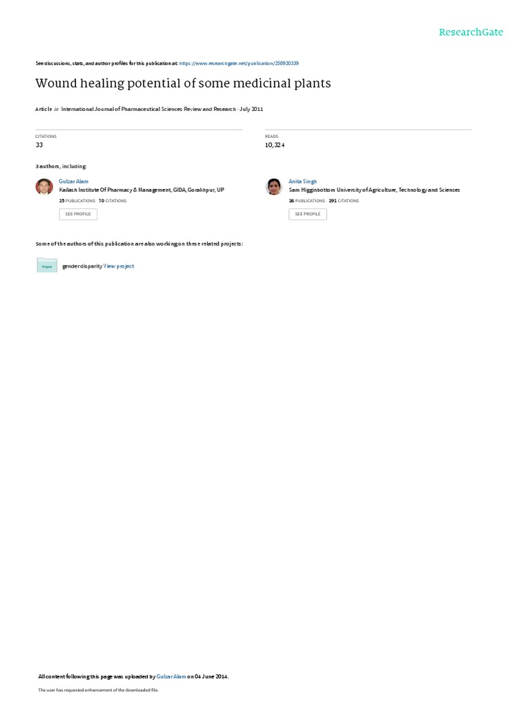 Wound Healing Potential of Some Medicinal Plants PDF Wound Healing