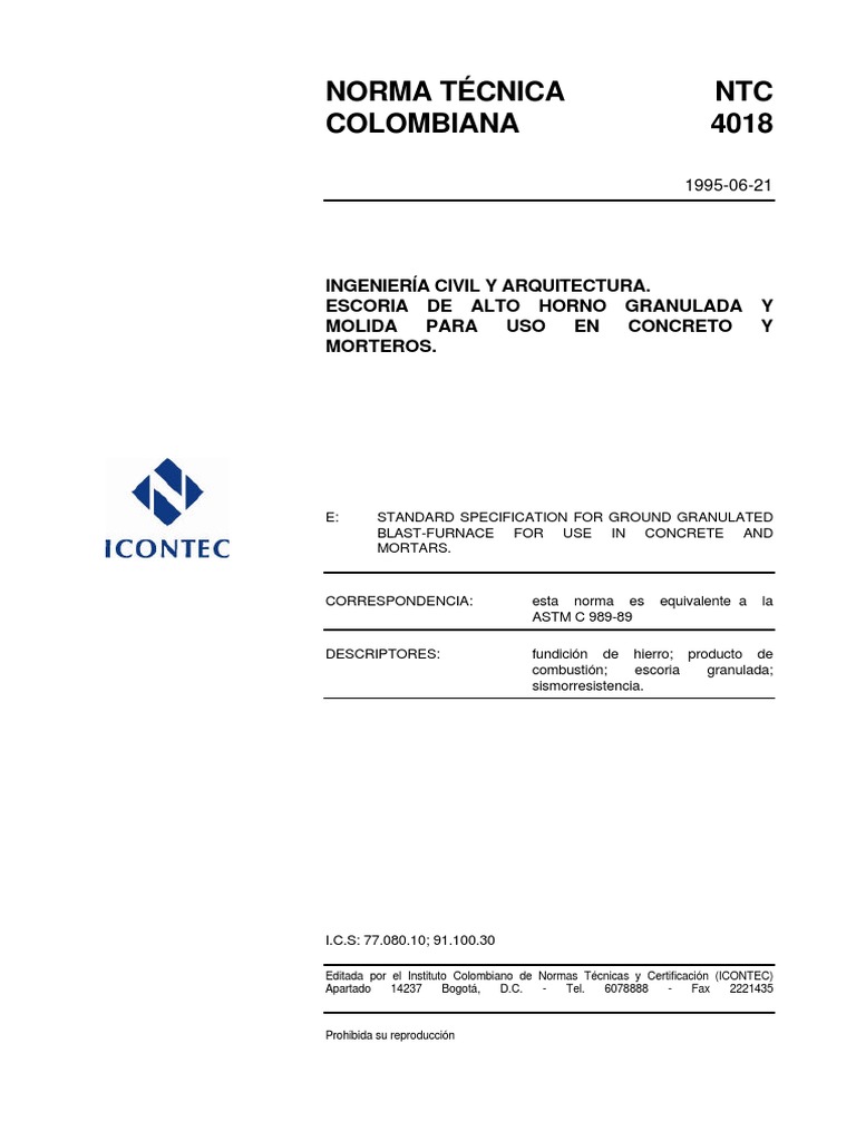 NTC 4018: Escoria para Concreto y Morteros | PDF | Hormigón | Cemento