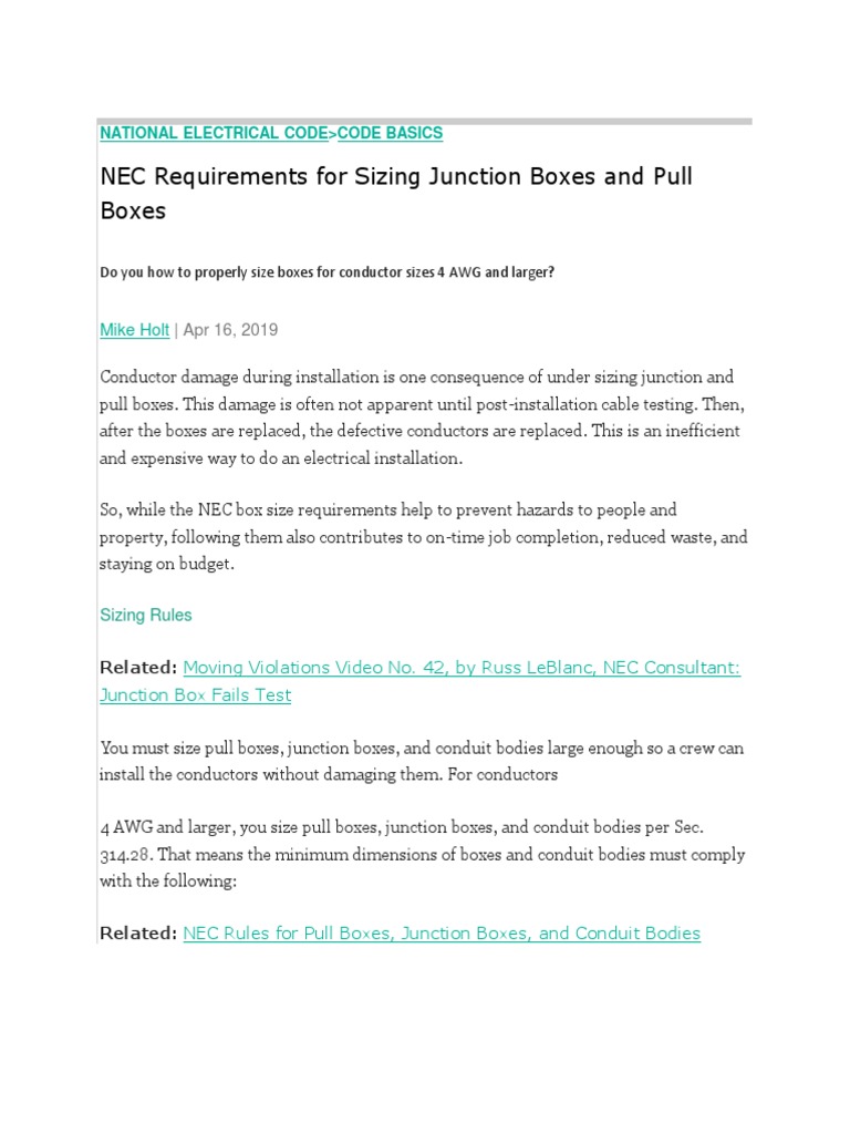 NEC Requirements For Sizing Junction Boxes and Pull Boxes | PDF