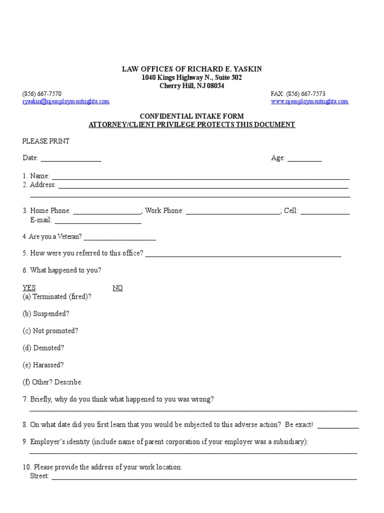Updated Confidential Intake Form 8-17-2018 | PDF | Employment ...