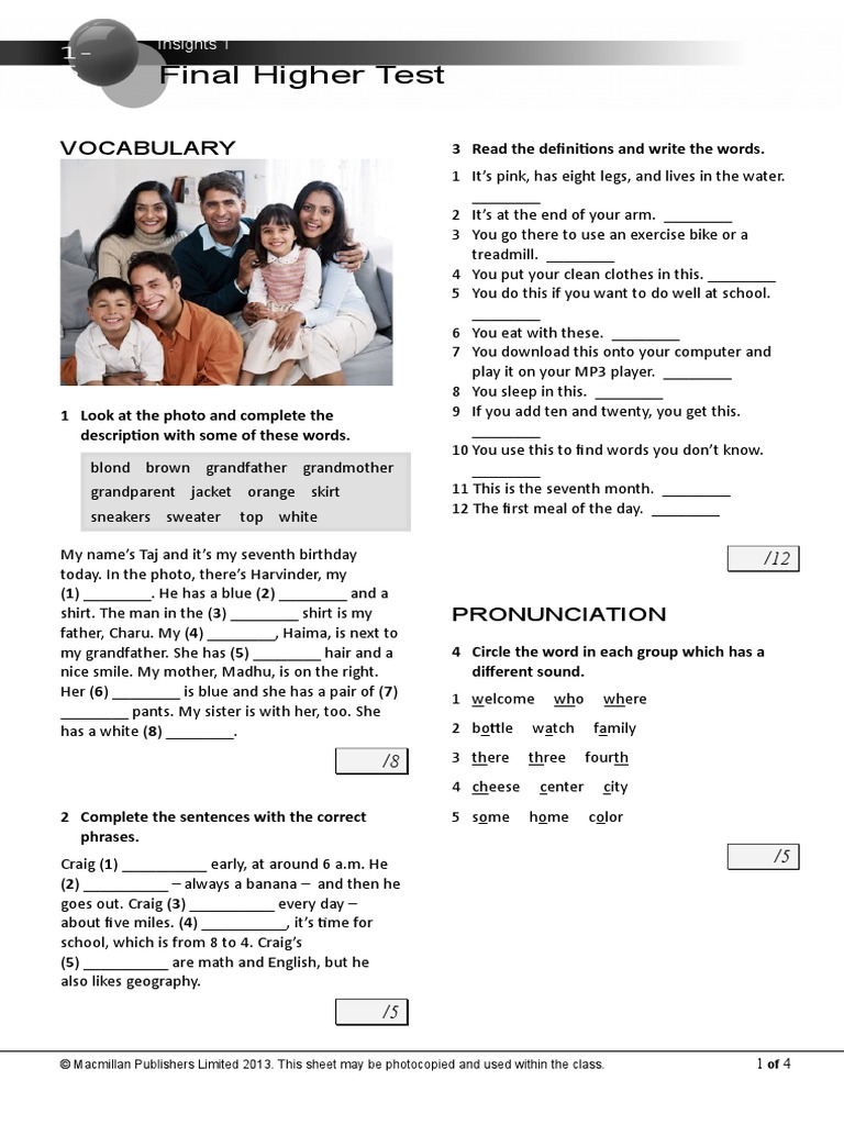 Insights 1 Final Higher Test | PDF | Linguistics