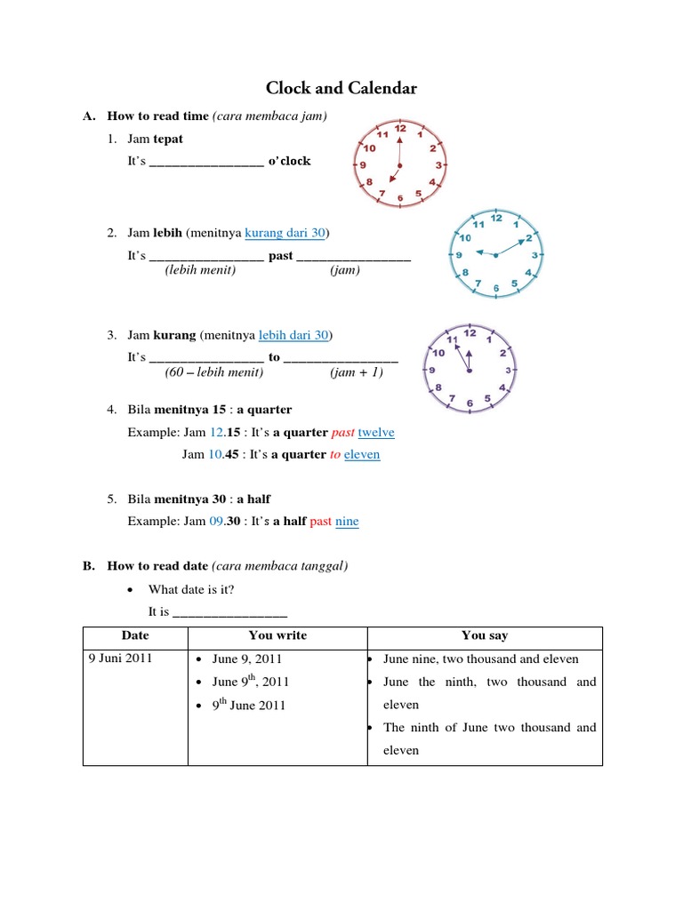 A Guide to Reading and Writing Time and Dates in Indonesian | PDF