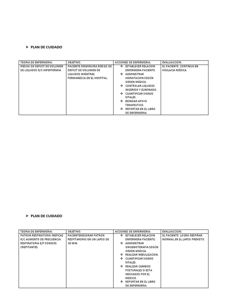 Plan de Cuidado | PDF | Enfermería | Medicina