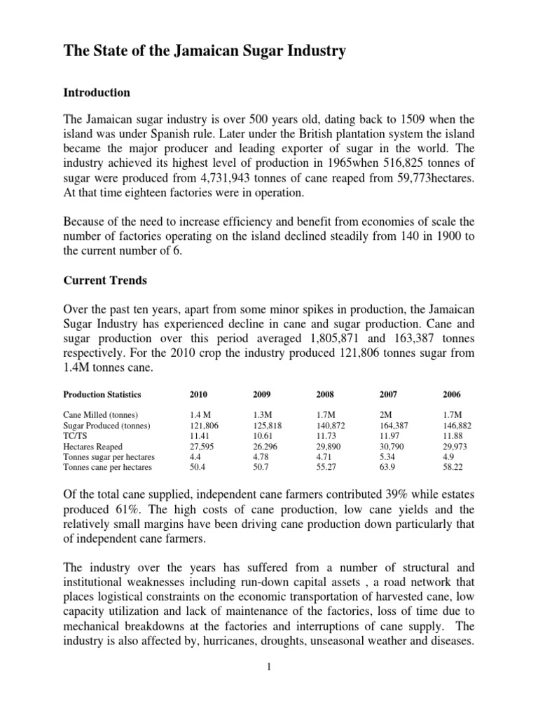 The State of The Jamaican Sugar Industry Production Statistics 2010