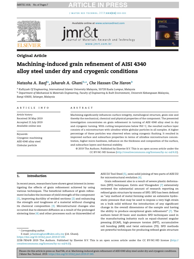 Machining-Induced Grain Refinement of Aisi 4340 Alloy Steel Under Dry ...