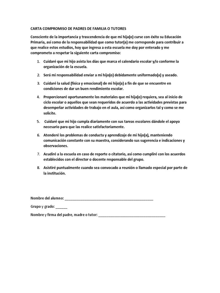 Carta Compromiso para Padres de Familia | PDF