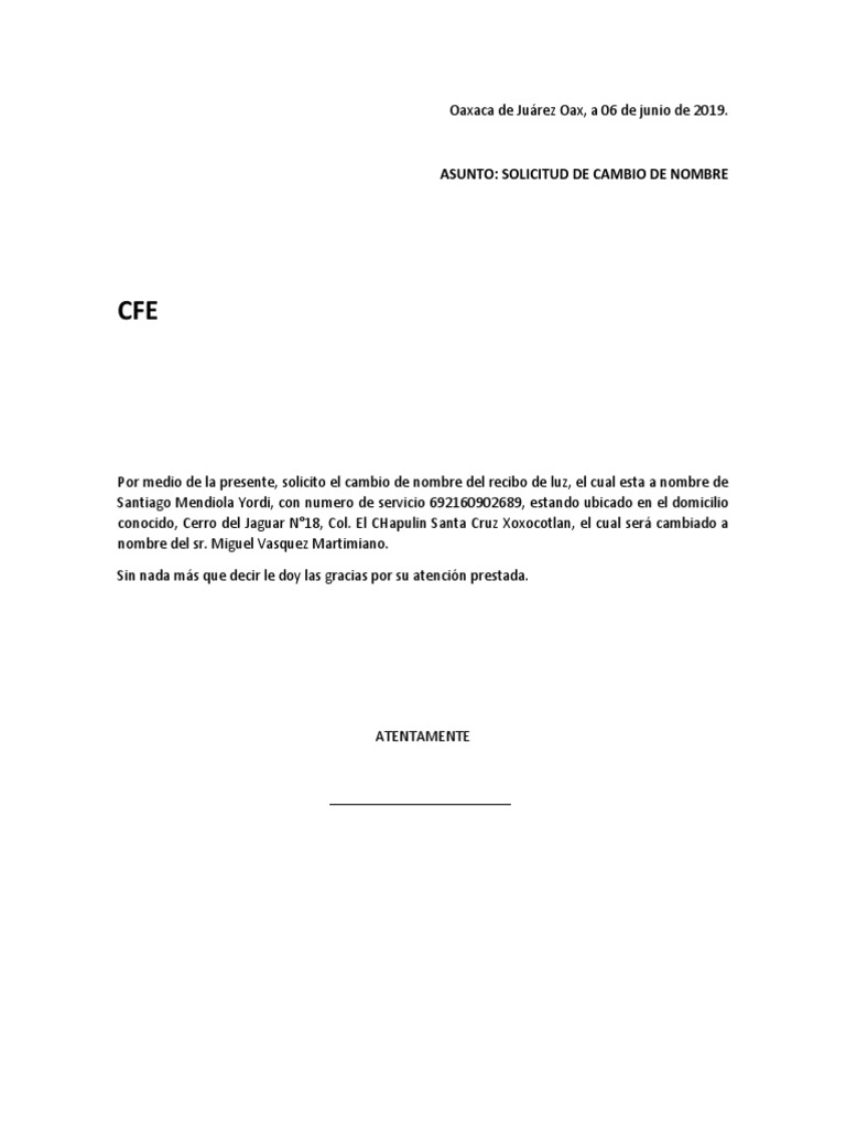 FORMATO Cambio de Nombre de Recibo de Luz | PDF