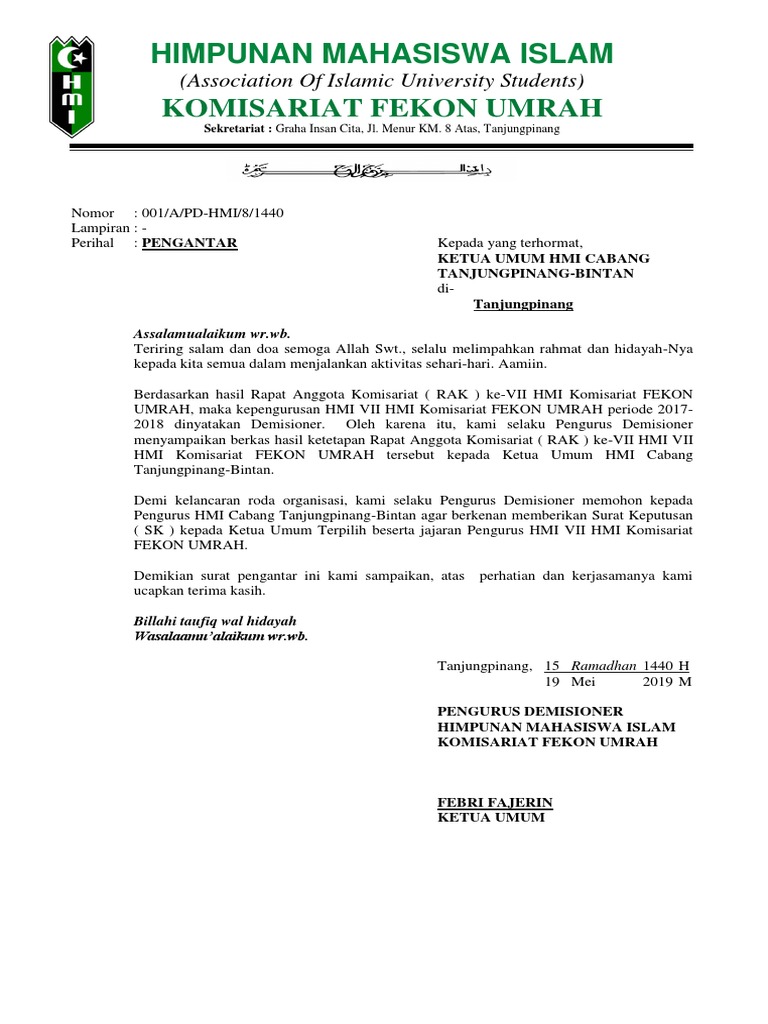 Contoh Surat Pengantar Demisioner Hmi Komisariat Fekon | PDF