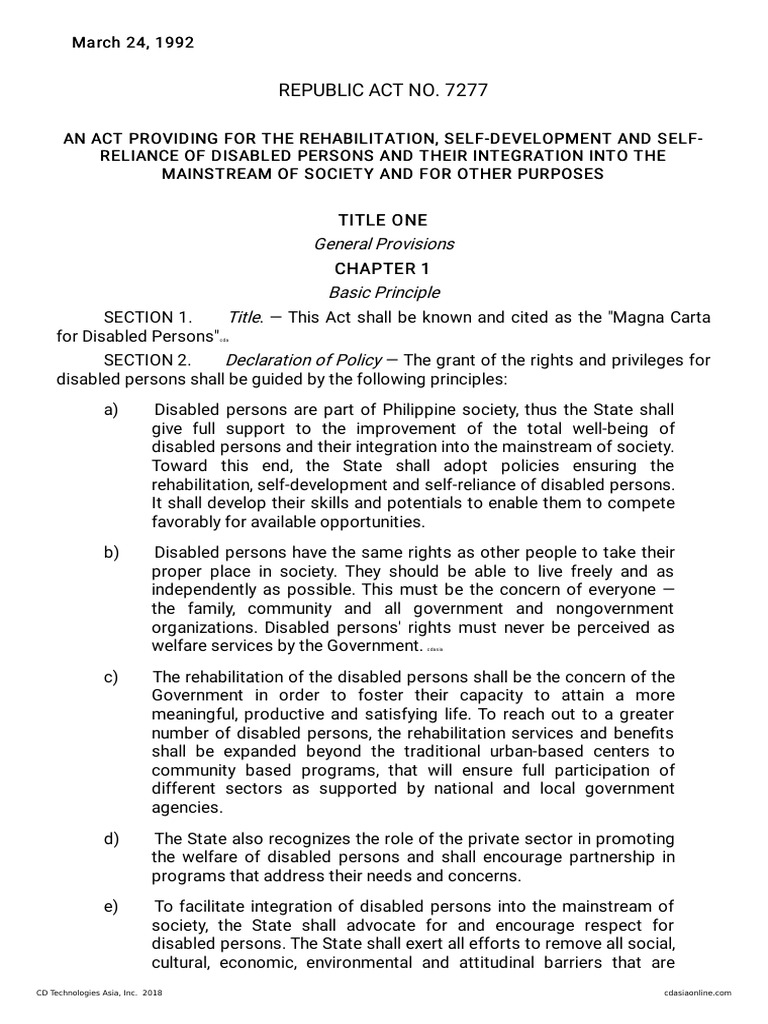 Magna Carta for Disabled Persons (RA 7277) | PDF | Career & Growth ...