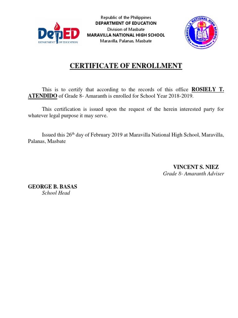 Certificate of Enrollment\