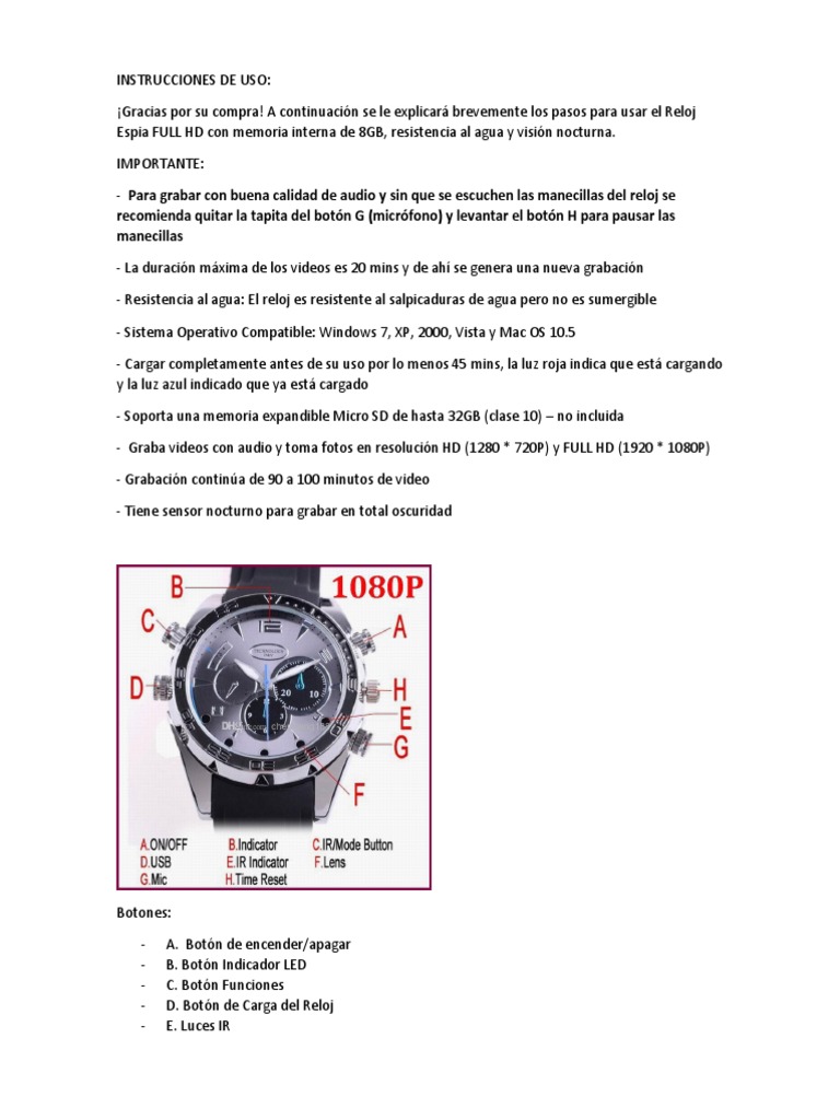 Instrucciones de Uso Reloj Espia Full HD, PDF, Reloj