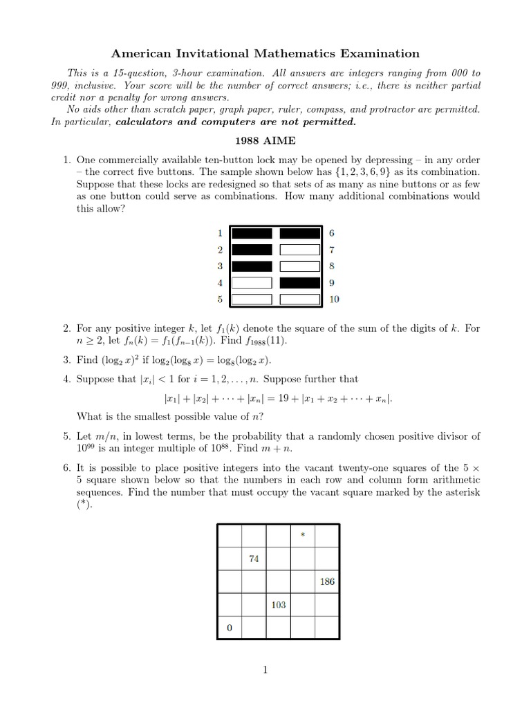 1988 AIME Examination Problems | PDF | Triangle | Integer