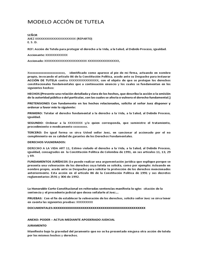 Modelo Acción de Tutela | PDF | Debido al proceso | Derecho Constitucional