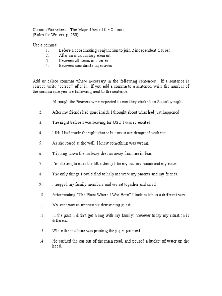 Comma Usage Worksheet for Students | PDF