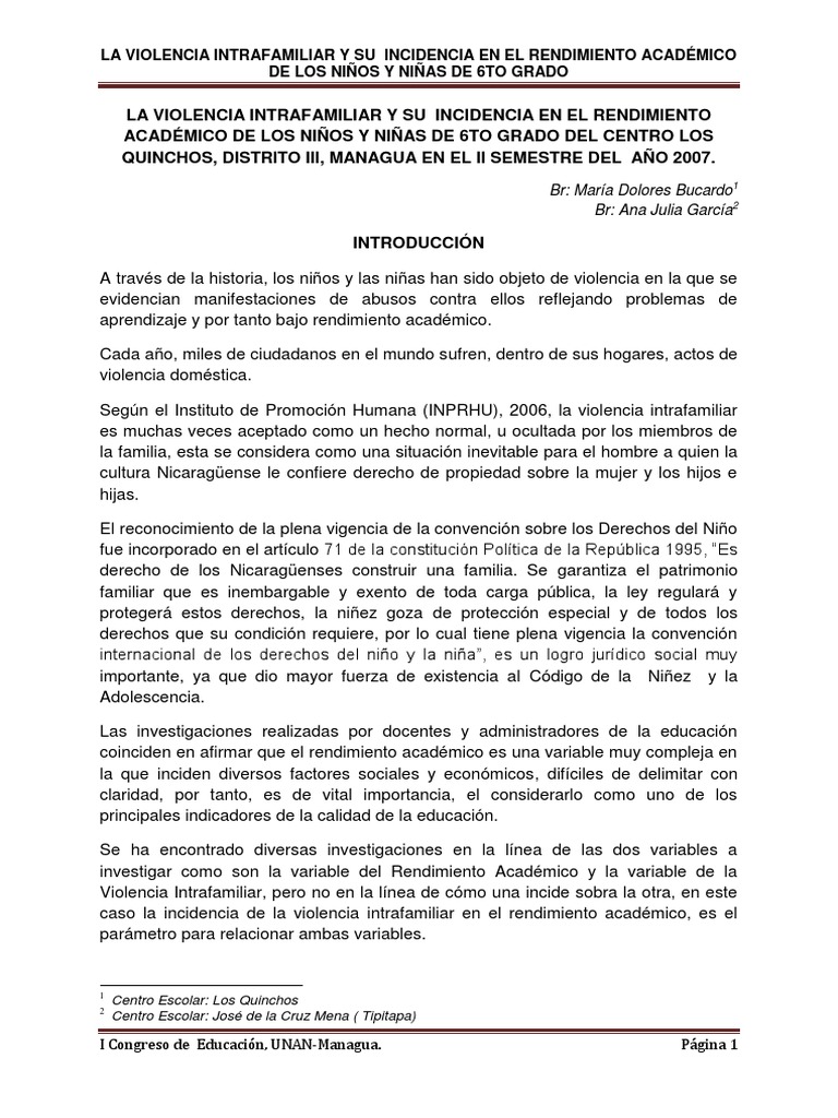La Violencia Intrafamiliar y Su Incidencia en El Rendimiento Académico ...
