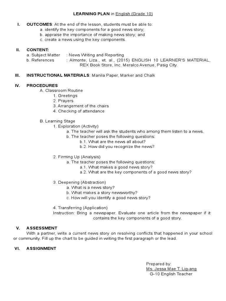 LEARNING PLAN in English (Grade 10) I. at The End of The