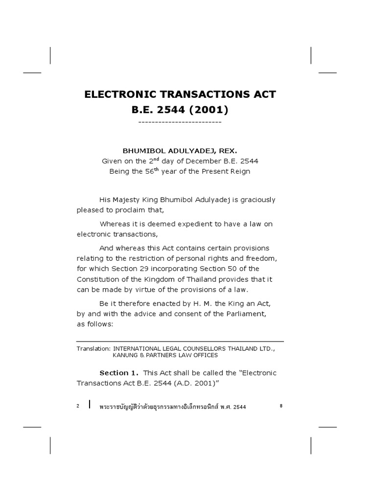 Electronic Transactions Act B.E. 2544 PDF Electronic Data