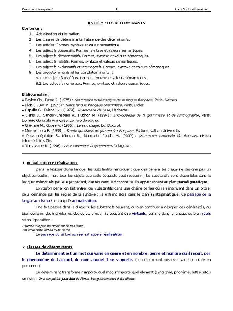 Exercices Sur Les Déterminants Et Les Pronoms 5ème Pdf Unité 5 Les Déterminants | PDF | Nom (grammaire) | Nombre grammatical