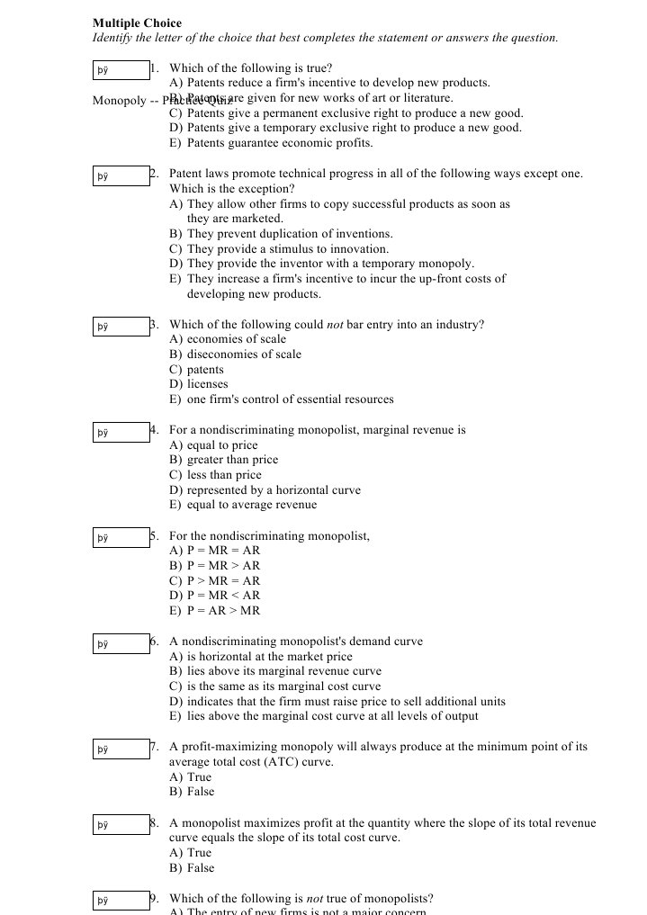 Monopoly Practice Quiz Questions | PDF | Monopoly | Marginal Cost