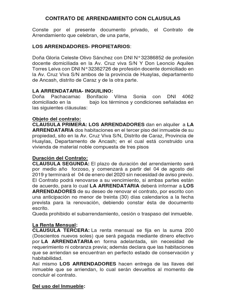 Contrato de Arrendamiento Con Clausulas Alquiler Impuestos