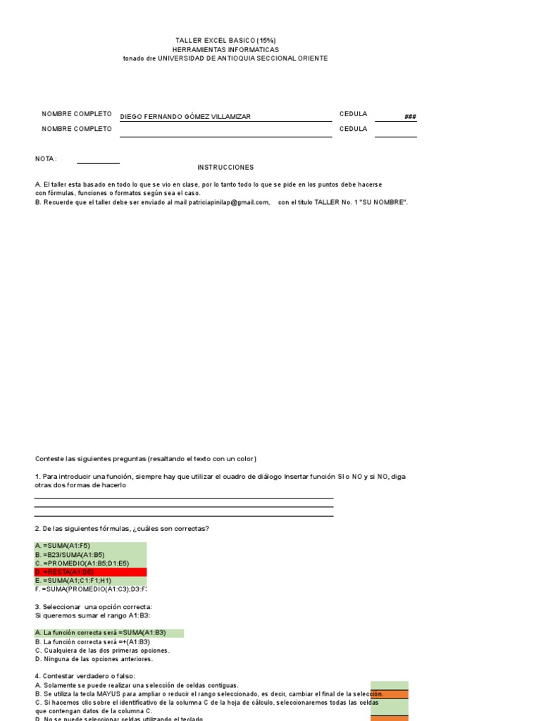 Taller de Excel | PDF | Hoja de cálculo | Informática y tecnología de ...