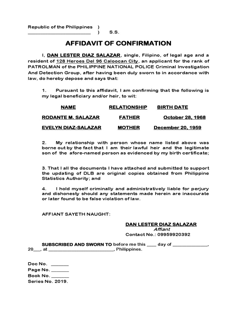 Affidavit of Confirmation for PNP Applicant | PDF | Affidavit | Civil ...
