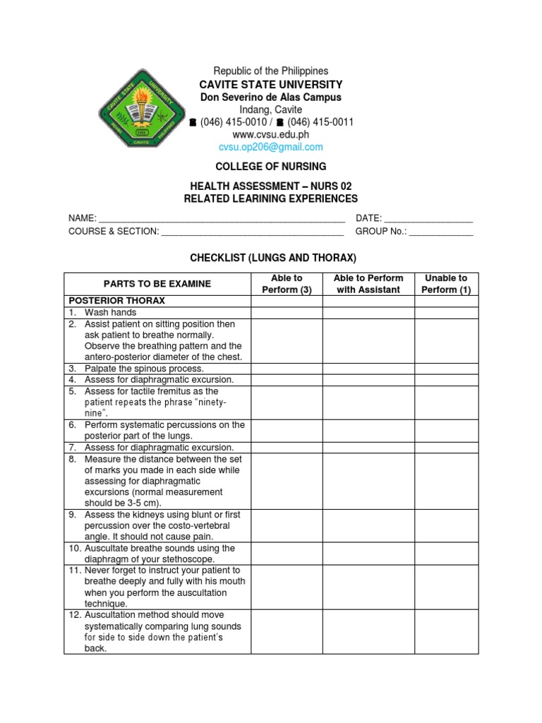 Thorax and Lungs Assessment Checklist | PDF | Thorax | Thorax (Human ...