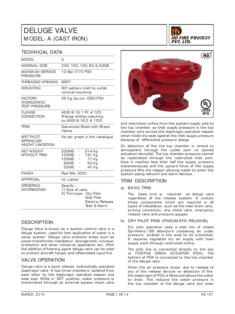 Deluge Valve Model A Technical Data | PDF | Fire Sprinkler System | Valve