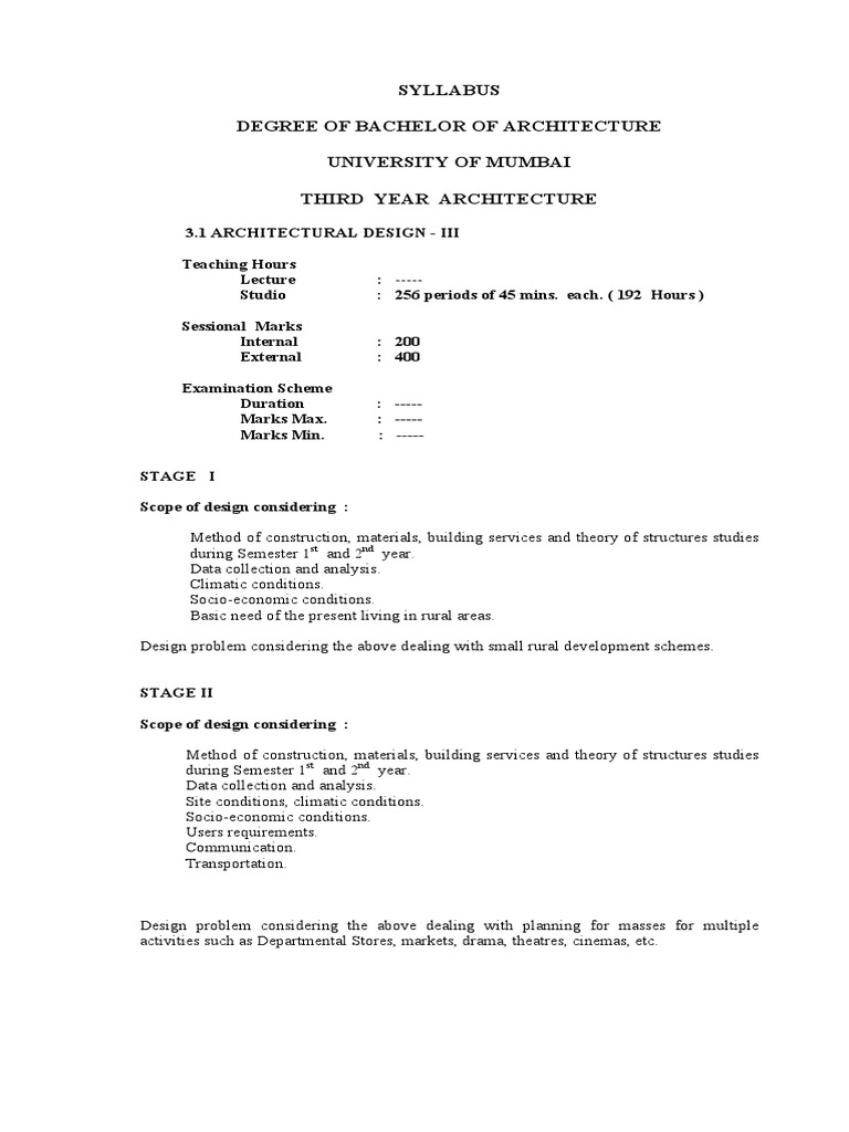 Syllabus Degree of Bachelor of Architecture University of Mumbai Third